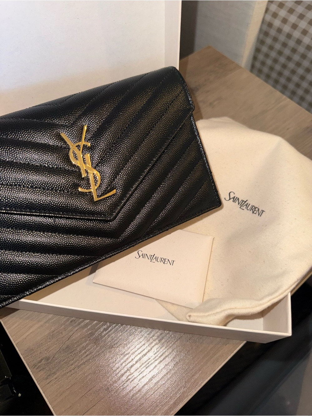 Saint Laurent Black Quilted Envelope Wallet with Gold YSL Logo